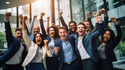 Group of business professionals with raised fists, celebrating a success or achievement in a corporate environment. - obrazy, fototapety, plakaty