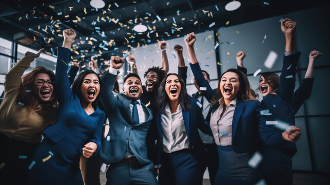 Group of business professionals with raised fists, celebrating a success or achievement in a corporate environment.