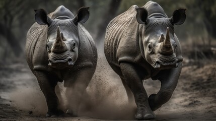 Two white rhinoceros fighting, National Park, South Africa. Rhino. Africa Concept. Wildlife Concept. 