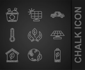 Set Leaf in hand, Earth globe leaf, Eco nature battery, Solar energy panel, friendly house, Thermometer, Electric car and Recycle bin icon. Vector