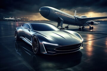 Luxurious Futuristic Car Zooming on a Runway with a Majestic Airplane Generative AI