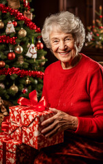 Obraz na płótnie Canvas A beautiful smiling elderly woman is excited when she finds Christmas presents