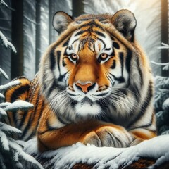 Photograph of Siberian Tiger (Panthera tigris altaica) in snowy forest for Adobe Stock, showcasing endangered species.
