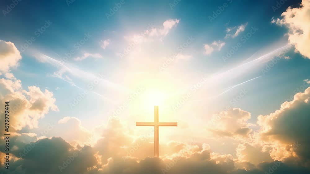 Poster rays of sunlight breaking through the clouds and shining down on the cross, representing the divine 