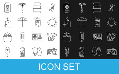 Set line Photo camera, Rubber flippers, Sun, Street stall with awning, protective umbrella for beach, Sand bucket shovel, Passport ticket and Cocktail alcohol drink icon. Vector