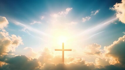 Rays of sunlight breaking through the clouds and shining down on the cross, representing the divine connection between heaven and earth.