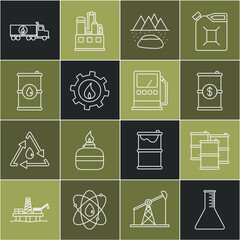 Set line Oil petrol test tube, Barrel oil, with dollar, Oilfield, industrial factory building, Tanker truck and Petrol gas station icon. Vector