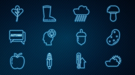 Set line Sun and cloud weather, Potato, Cloud with rain, Human head leaf, Speech bubble text autumn, Leaf or leaves, Acorn and Waterproof rubber boot icon. Vector