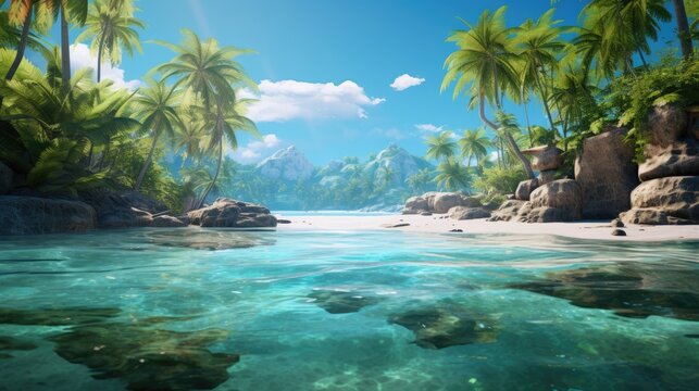  a painting of a tropical beach scene with palm trees and clear blue water with rocks and boulders in the foreground.