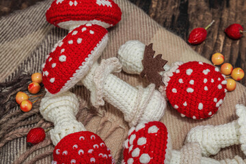 Fototapeta na wymiar Autumn cozy mood composition. Crocheted amanita mushroom, handmade, fall hobby concept