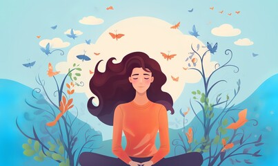 
Silhouette of smiling woman, with managing her stress or depress, mental health concept. Flat vector illustration  - obrazy, fototapety, plakaty
