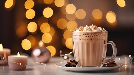  a cup of hot chocolate with marshmallows on a saucer next to a lite - up christmas tree.