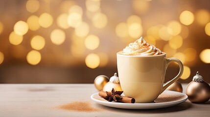 a cup of hot chocolate with whipped cream and cinnamon on a saucer surrounded by christmas decorations and baubles.
