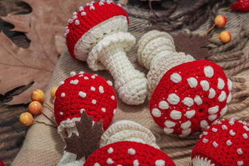 Autumn cozy mood composition. Crocheted amanita mushroom, handmade, fall hobby concept