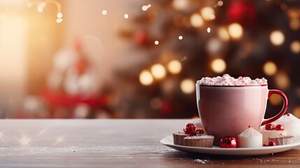 Obraz na płótnie Canvas a cup of hot chocolate and marshmallows on a saucer with a christmas tree in the background.
