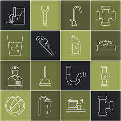 Set line Industry metallic pipe, and valve, Water tap, Pipe adjustable wrench, Glass with water, Wastewater and Container drain cleaner icon. Vector