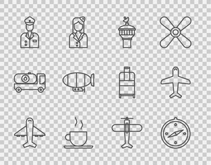 Set line Plane, Compass, Radar, Coffee cup, Pilot, Airship, and icon. Vector