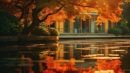  a building sitting on the side of a river next to a tree with orange leaves in front of a body of water.