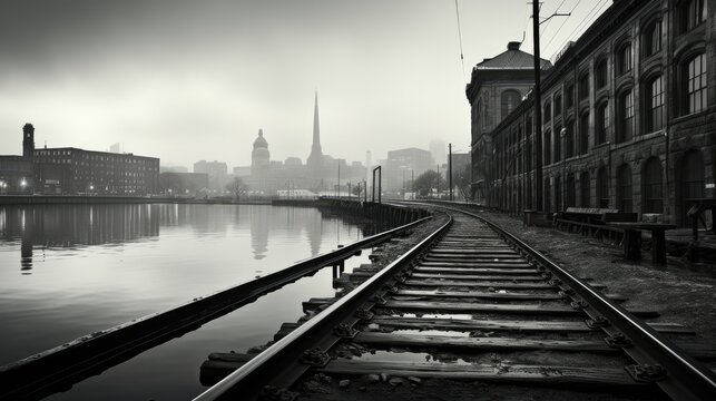  a black and white photo of a train track next to a body of water with a city in the background.