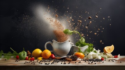  a white pitcher filled with dirt next to a pile of fruits and vegetables on top of a wooden cutting board.