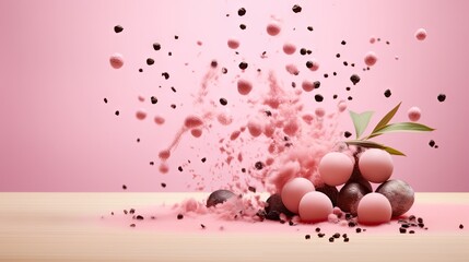 a pink background with a pile of balls and a plant sprouting out of the top of the pile.