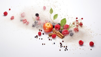  an apple, cinnamons, raspberries, cinnamon sticks, and powdered sugar are arranged on a white surface.