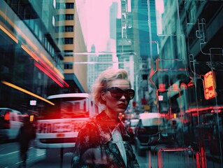 Busy Businesswoman walking on the Streets with a Badass Attitude. Amazing Double Exposure Effect. Technology Composit.