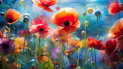  a bunch of colorful flowers that are in the water with bubbles in the bottom of the flowers and bubbles in the bottom of the water.
