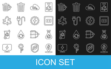 Set line Location with leaf, Garbage bag recycle, Electrical outlet, CO2 emissions in cloud, plug, Recycle symbol, bin and Solar energy panel icon. Vector