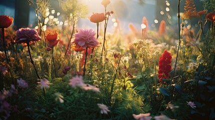  a field full of flowers with the sun shining through the leaves and flowers in the middle of the grass and flowers in the foreground.