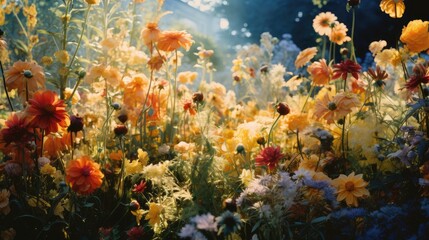  a bunch of flowers that are in some kind of flowery field with the sun shining through the clouds in the background.