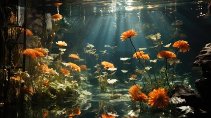  a fish tank filled with lots of water and lots of orange flowers on the bottom of the tank, with sunlight streaming through the water.
