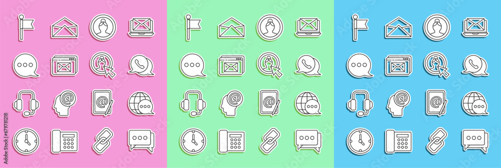 Poster set line speech bubble chat, world map made from speech, telephone with, create account screen, webs