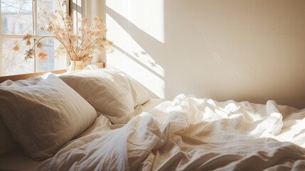  a bed with a white comforter and pillows in front of a window with a plant in the window sill.