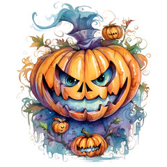 Watercolor cute clipart halloween pumpkin Jack-o'-lantern on transparent background. sublimation, tshirt, mug, pillow, tumbler, print