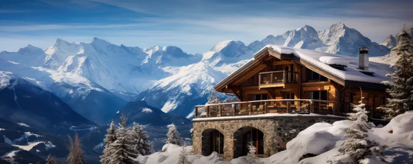 Foto op Plexiglas chalet luxueux dans un paysage de montagnes enneigées  © Fox_Dsign