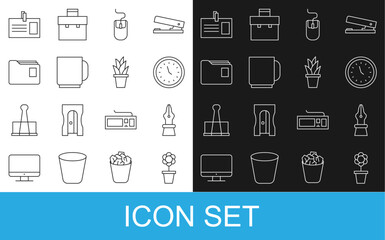 Set line Flower in pot, Fountain pen nib, Clock, Computer mouse, Coffee cup, Document folder, Identification badge and Plant icon. Vector