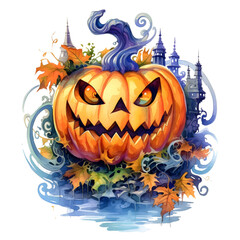 Watercolor cute clipart halloween pumpkin Jack-o'-lantern on transparent background. sublimation, tshirt, mug, pillow, tumbler, print