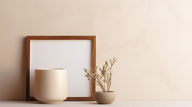  a picture frame sitting next to a vase with a plant in it and a vase with a plant in it. © Shanti