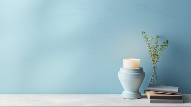  a vase with a candle on a table next to a book and a vase with a small plant in it.