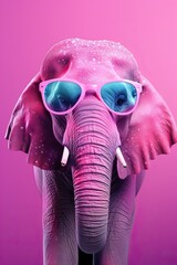 Photo of a Pink Painted Elephant Clumsy Looking in a Simple Pink Room with some Short Tusks Wearing Some Funny Sunglasses.