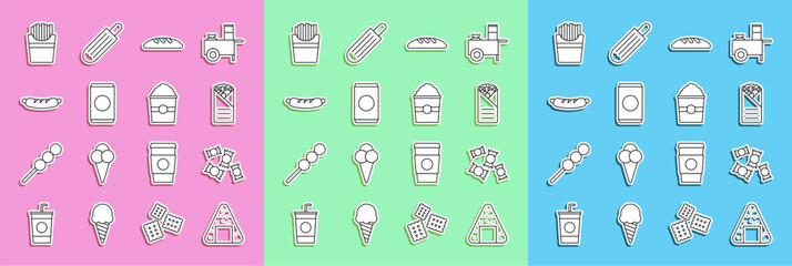 Set line Onigiri, Candy, Doner kebab, Bread loaf, Soda can with straw, Hotdog sandwich, Potatoes french fries in box and Popcorn icon. Vector