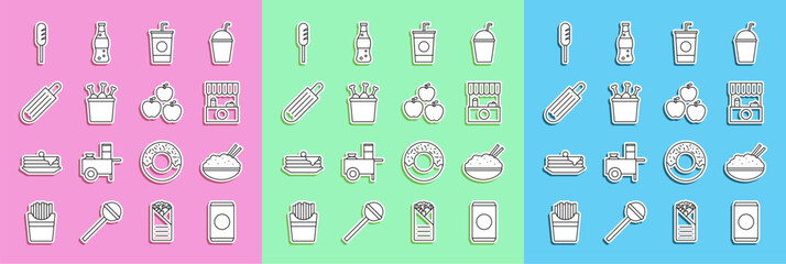 Set line Soda can with straw, Rice in bowl chopstick, Street stall awning, Paper glass, Chicken leg package box, French hot dog, Fried sausage and Apple icon. Vector