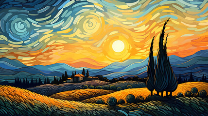 Hand drawn cartoon impressionist style beautiful autumn wheat field illustration
 - obrazy, fototapety, plakaty