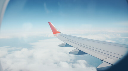 Obraz premium Airplane wing, scenic view from the window. Higher than clouds. Beautiful cloud, blue sky. Traveling by plane, adventure. Flight over world. Air transport. Aviation. Holiday, vacation. Generated AI