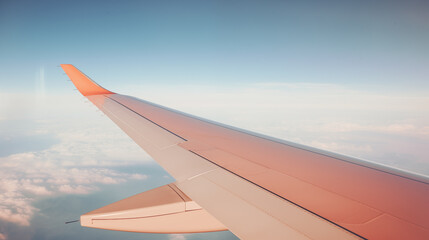 Fototapeta premium Airplane wing, scenic view from the window. Higher than clouds. Beautiful cloud, blue sky. Traveling by plane, adventure. Flight over world. Air transport. Aviation. Holiday, vacation. Generated AI