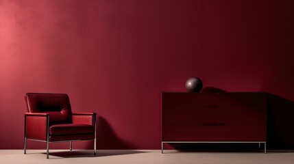 Photo of a Red Themed Lounge Room with a Red Sofa and Red Walls Illuminated by a soft Lighting. Relax Zone, Chilling.