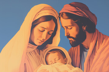 Illustration of Nativity scene Mary and Joseph with Baby Jesus © ink drop