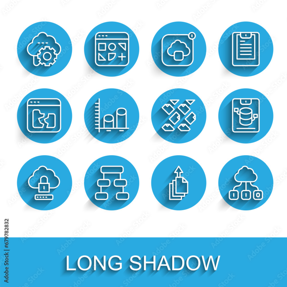 Poster set line cloud computing lock, hierarchy organogram chart, technology data transfer, data export, an