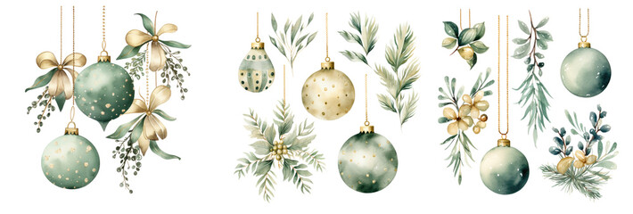Watercolour design elements of green Christmas tree balls, leaves, conifer branches for Christmas cards, invitation cards, greetings, wallpaper, fashion, botanical illustration collection. - obrazy, fototapety, plakaty